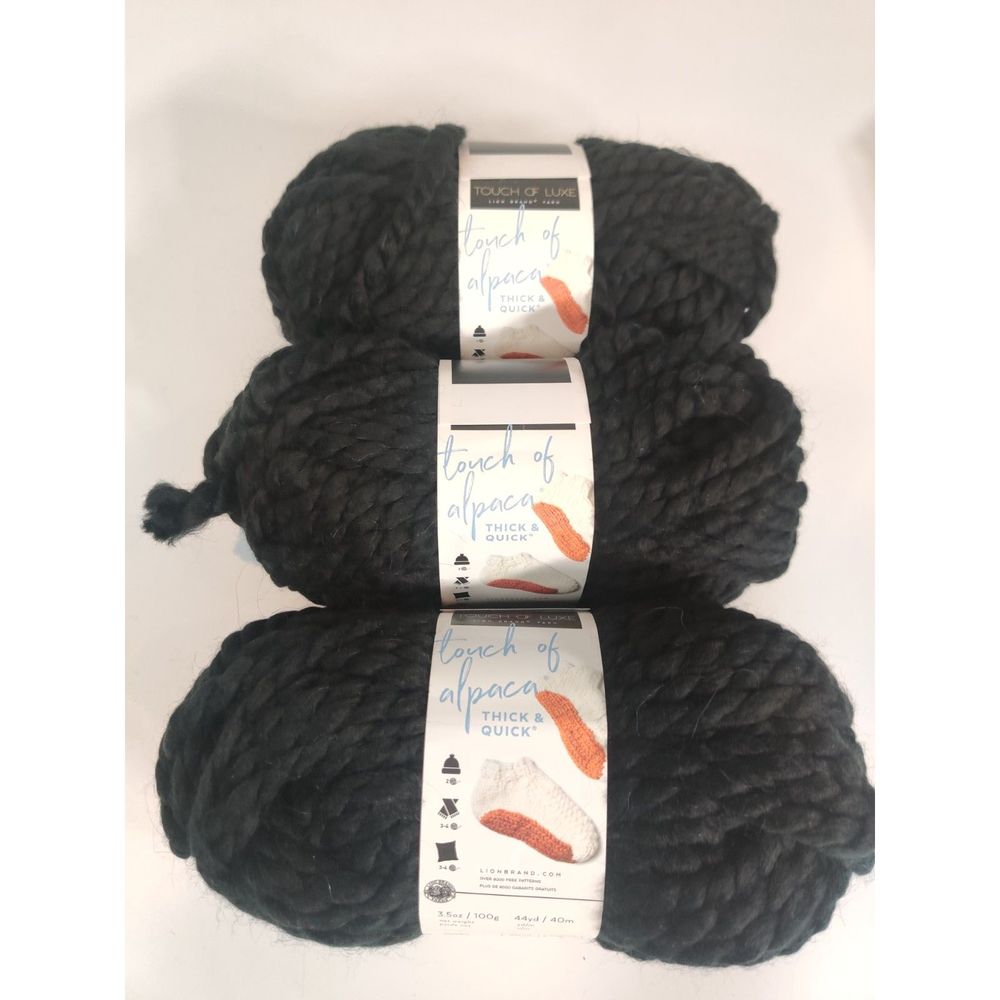 Touch Of Alpaca Thick & Quick Lion Brand Yarn Jumbo 7, Ebony, 3 pack Lot